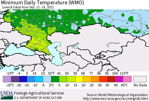Russian Federation Minimum Daily Temperature (WMO) Thematic Map For 9/12/2022 - 9/18/2022