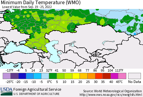 Russian Federation Minimum Daily Temperature (WMO) Thematic Map For 9/19/2022 - 9/25/2022