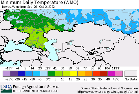 Russian Federation Minimum Daily Temperature (WMO) Thematic Map For 9/26/2022 - 10/2/2022