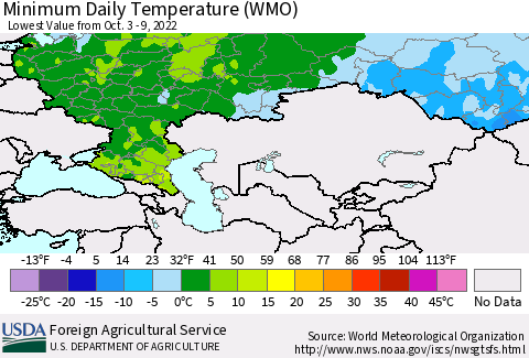 Russian Federation Minimum Daily Temperature (WMO) Thematic Map For 10/3/2022 - 10/9/2022