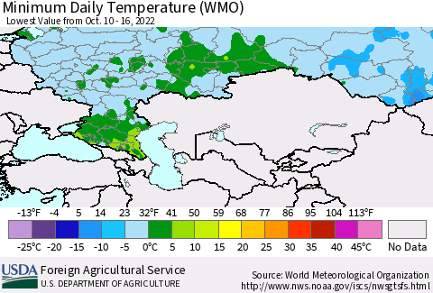 Russian Federation Minimum Daily Temperature (WMO) Thematic Map For 10/10/2022 - 10/16/2022