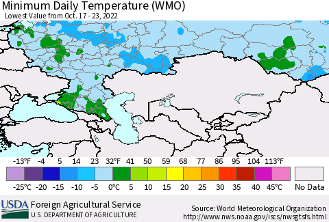 Russian Federation Minimum Daily Temperature (WMO) Thematic Map For 10/17/2022 - 10/23/2022
