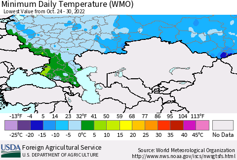 Russian Federation Minimum Daily Temperature (WMO) Thematic Map For 10/24/2022 - 10/30/2022