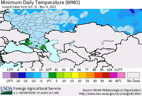 Russian Federation Minimum Daily Temperature (WMO) Thematic Map For 10/31/2022 - 11/6/2022