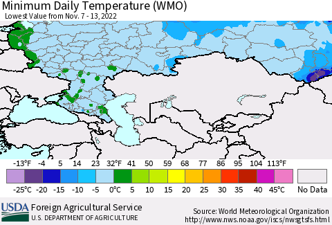 Russian Federation Minimum Daily Temperature (WMO) Thematic Map For 11/7/2022 - 11/13/2022