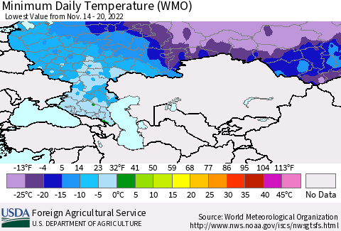Russian Federation Minimum Daily Temperature (WMO) Thematic Map For 11/14/2022 - 11/20/2022