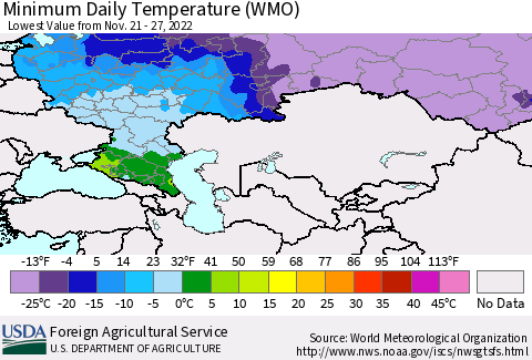 Russian Federation Minimum Daily Temperature (WMO) Thematic Map For 11/21/2022 - 11/27/2022