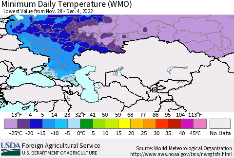 Russian Federation Minimum Daily Temperature (WMO) Thematic Map For 11/28/2022 - 12/4/2022