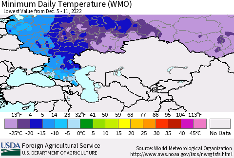 Russian Federation Minimum Daily Temperature (WMO) Thematic Map For 12/5/2022 - 12/11/2022