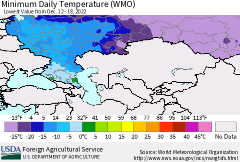 Russian Federation Minimum Daily Temperature (WMO) Thematic Map For 12/12/2022 - 12/18/2022