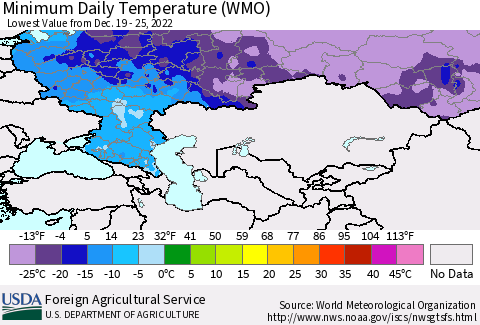 Russian Federation Minimum Daily Temperature (WMO) Thematic Map For 12/19/2022 - 12/25/2022