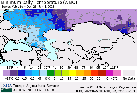 Russian Federation Minimum Daily Temperature (WMO) Thematic Map For 12/26/2022 - 1/1/2023