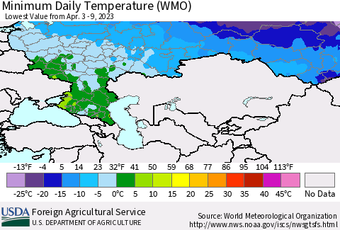 Russian Federation Minimum Daily Temperature (WMO) Thematic Map For 4/3/2023 - 4/9/2023