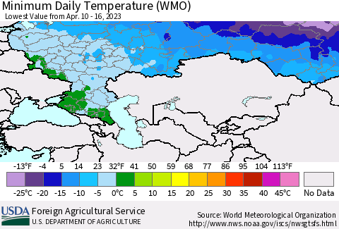 Russian Federation Minimum Daily Temperature (WMO) Thematic Map For 4/10/2023 - 4/16/2023