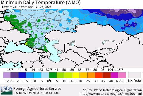 Russian Federation Minimum Daily Temperature (WMO) Thematic Map For 4/17/2023 - 4/23/2023