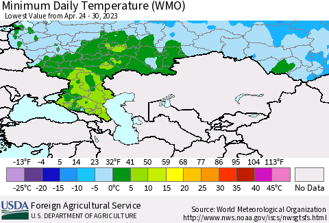 Russian Federation Minimum Daily Temperature (WMO) Thematic Map For 4/24/2023 - 4/30/2023
