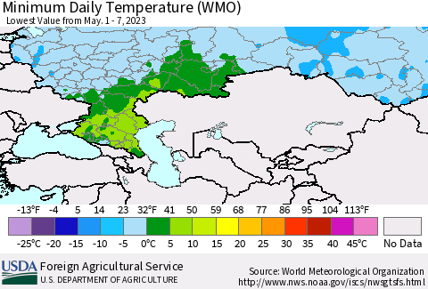 Russian Federation Minimum Daily Temperature (WMO) Thematic Map For 5/1/2023 - 5/7/2023