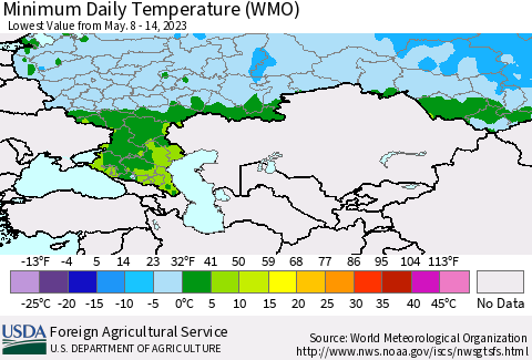 Russian Federation Minimum Daily Temperature (WMO) Thematic Map For 5/8/2023 - 5/14/2023