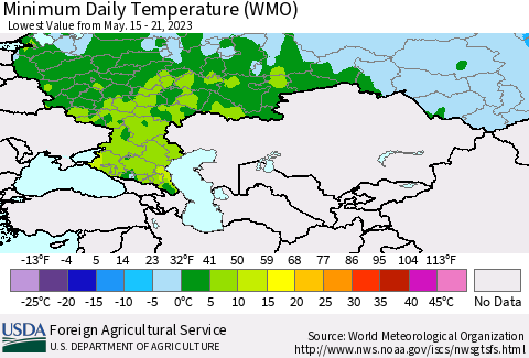 Russian Federation Minimum Daily Temperature (WMO) Thematic Map For 5/15/2023 - 5/21/2023