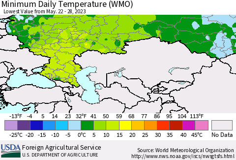 Russian Federation Minimum Daily Temperature (WMO) Thematic Map For 5/22/2023 - 5/28/2023