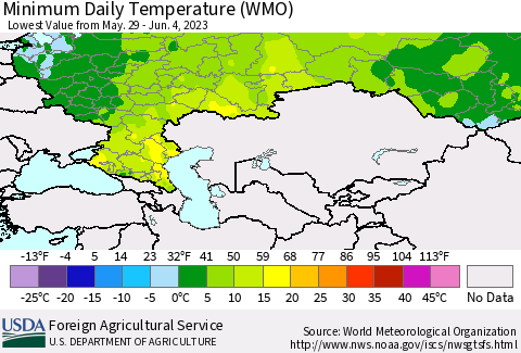 Russian Federation Minimum Daily Temperature (WMO) Thematic Map For 5/29/2023 - 6/4/2023