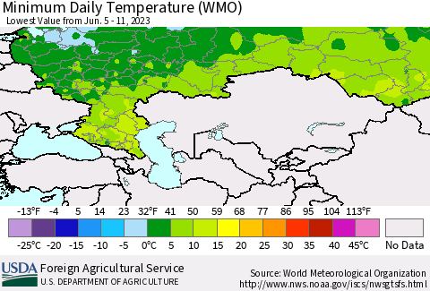 Russian Federation Minimum Daily Temperature (WMO) Thematic Map For 6/5/2023 - 6/11/2023