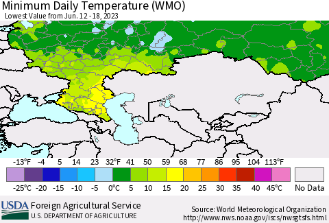 Russian Federation Minimum Daily Temperature (WMO) Thematic Map For 6/12/2023 - 6/18/2023