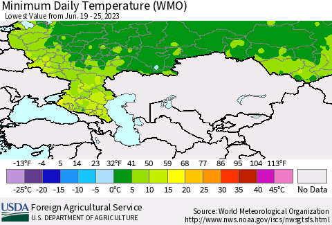 Russian Federation Minimum Daily Temperature (WMO) Thematic Map For 6/19/2023 - 6/25/2023