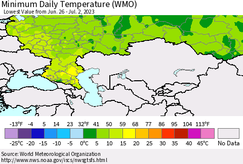 Russian Federation Minimum Daily Temperature (WMO) Thematic Map For 6/26/2023 - 7/2/2023