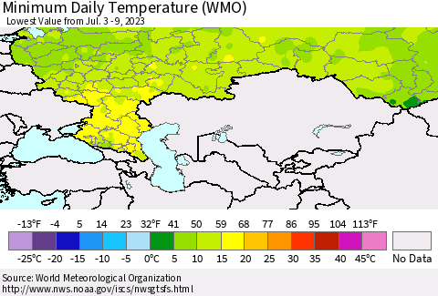 Russian Federation Minimum Daily Temperature (WMO) Thematic Map For 7/3/2023 - 7/9/2023
