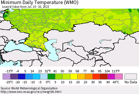 Russian Federation Minimum Daily Temperature (WMO) Thematic Map For 7/10/2023 - 7/16/2023