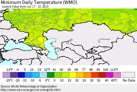 Russian Federation Minimum Daily Temperature (WMO) Thematic Map For 7/17/2023 - 7/23/2023