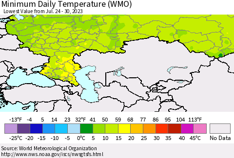 Russian Federation Minimum Daily Temperature (WMO) Thematic Map For 7/24/2023 - 7/30/2023