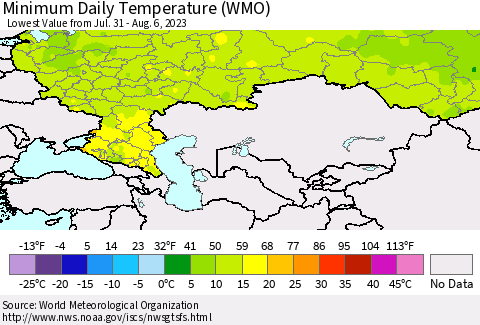 Russian Federation Minimum Daily Temperature (WMO) Thematic Map For 7/31/2023 - 8/6/2023