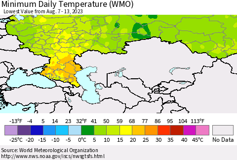 Russian Federation Minimum Daily Temperature (WMO) Thematic Map For 8/7/2023 - 8/13/2023