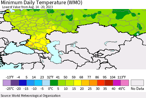 Russian Federation Minimum Daily Temperature (WMO) Thematic Map For 8/14/2023 - 8/20/2023