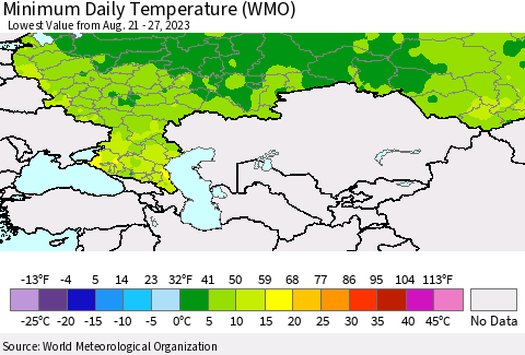 Russian Federation Minimum Daily Temperature (WMO) Thematic Map For 8/21/2023 - 8/27/2023
