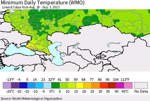 Russian Federation Minimum Daily Temperature (WMO) Thematic Map For 8/28/2023 - 9/3/2023