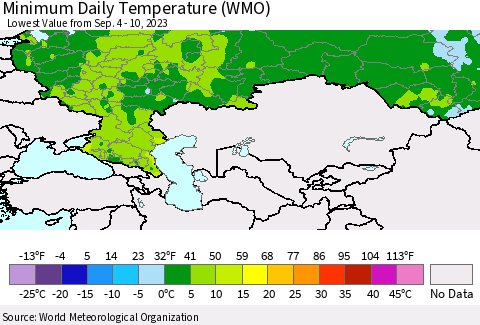 Russian Federation Minimum Daily Temperature (WMO) Thematic Map For 9/4/2023 - 9/10/2023