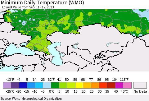 Russian Federation Minimum Daily Temperature (WMO) Thematic Map For 9/11/2023 - 9/17/2023
