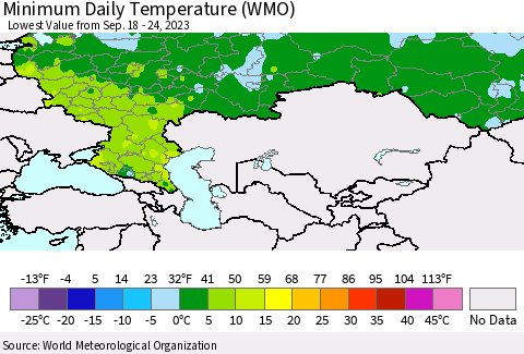 Russian Federation Minimum Daily Temperature (WMO) Thematic Map For 9/18/2023 - 9/24/2023