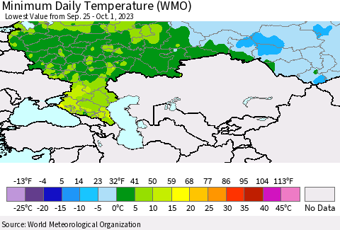 Russian Federation Minimum Daily Temperature (WMO) Thematic Map For 9/25/2023 - 10/1/2023