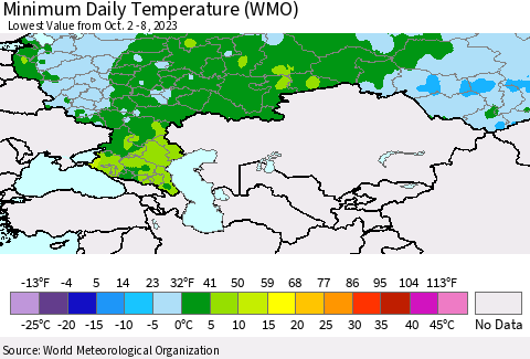 Russian Federation Minimum Daily Temperature (WMO) Thematic Map For 10/2/2023 - 10/8/2023
