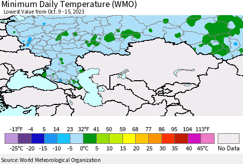 Russian Federation Minimum Daily Temperature (WMO) Thematic Map For 10/9/2023 - 10/15/2023
