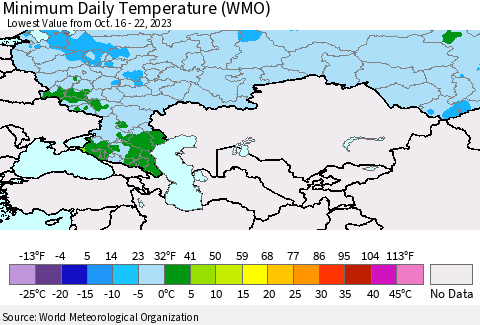 Russian Federation Minimum Daily Temperature (WMO) Thematic Map For 10/16/2023 - 10/22/2023