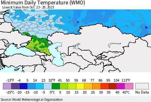 Russian Federation Minimum Daily Temperature (WMO) Thematic Map For 10/23/2023 - 10/29/2023