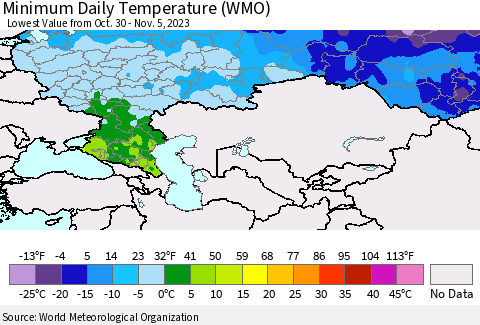 Russian Federation Minimum Daily Temperature (WMO) Thematic Map For 10/30/2023 - 11/5/2023