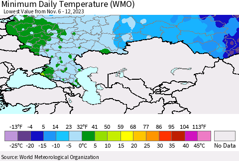 Russian Federation Minimum Daily Temperature (WMO) Thematic Map For 11/6/2023 - 11/12/2023