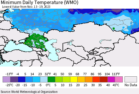 Russian Federation Minimum Daily Temperature (WMO) Thematic Map For 11/13/2023 - 11/19/2023