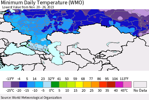 Russian Federation Minimum Daily Temperature (WMO) Thematic Map For 11/20/2023 - 11/26/2023